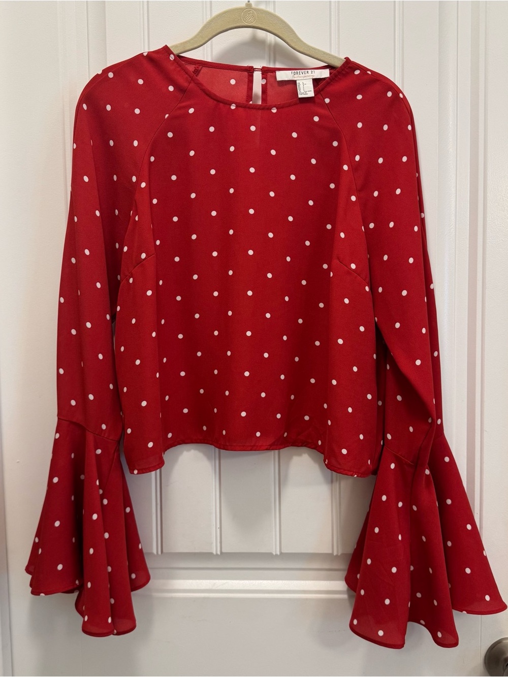 FOREVER 21 Red Polka Dot Large Bell Sleeve Crop Blouse Retro Romantic Flamenco